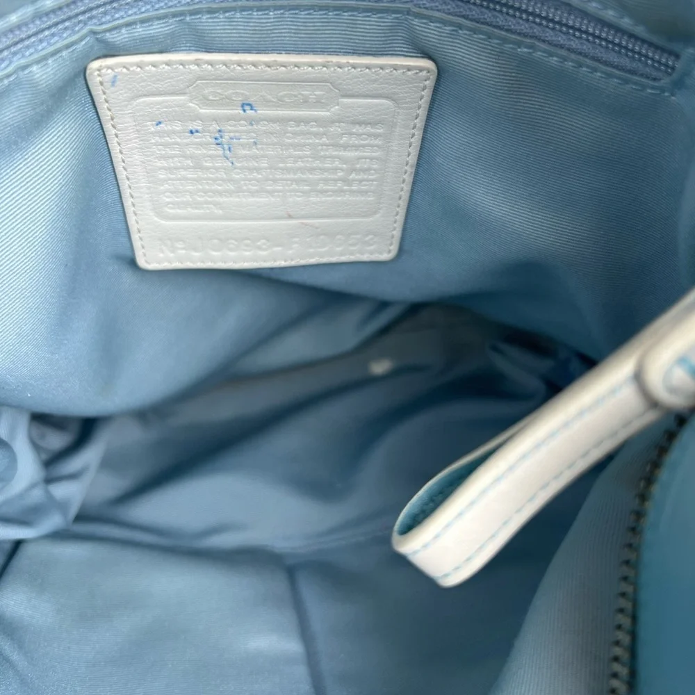 Coach set, blue leather, suede and Jacquard patchwork bag and wallet_5
